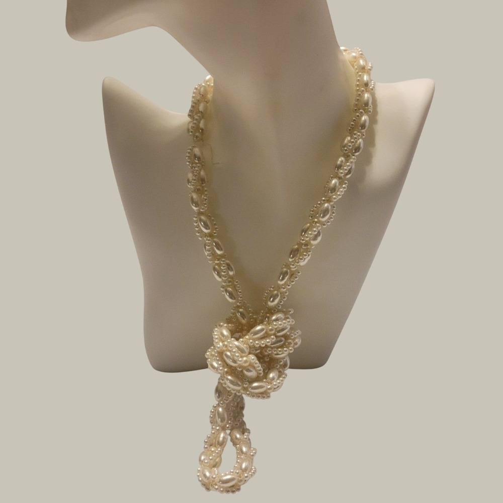 Faux Pearl Rope Necklace Woven Beaded Strand Vintage Style Ivory Cream